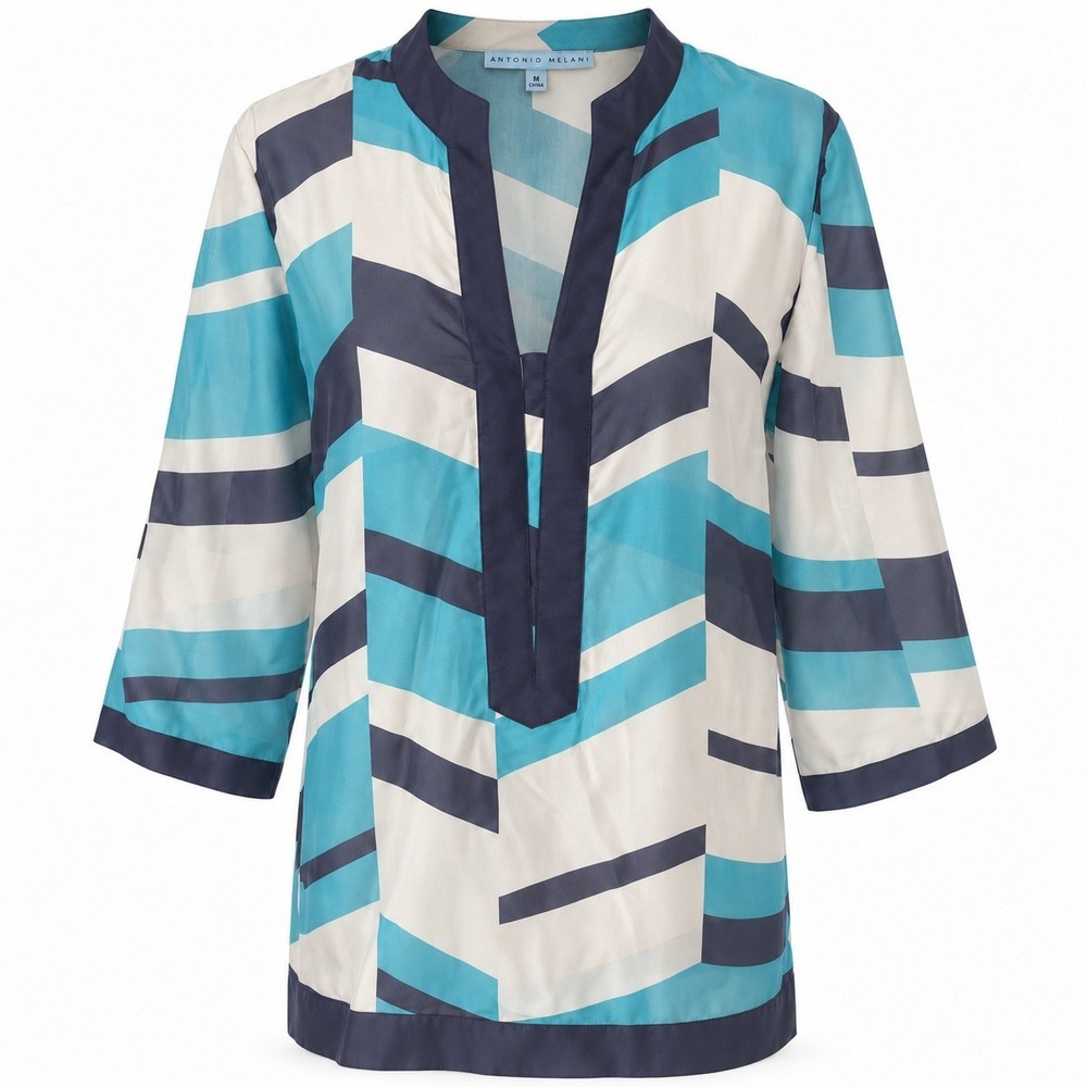 ANTONIO MELANI Sz M 100% Silk Printed Geometric Lightweight Tunic Top Semi-Sheer